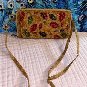 Leaf Patterned Tan Cork Crossbody Bag